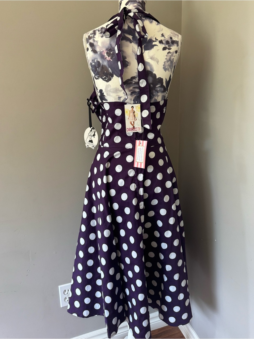 Polka Dot Purple Halter Dress With White Polka Dots - Picture 2 of 8